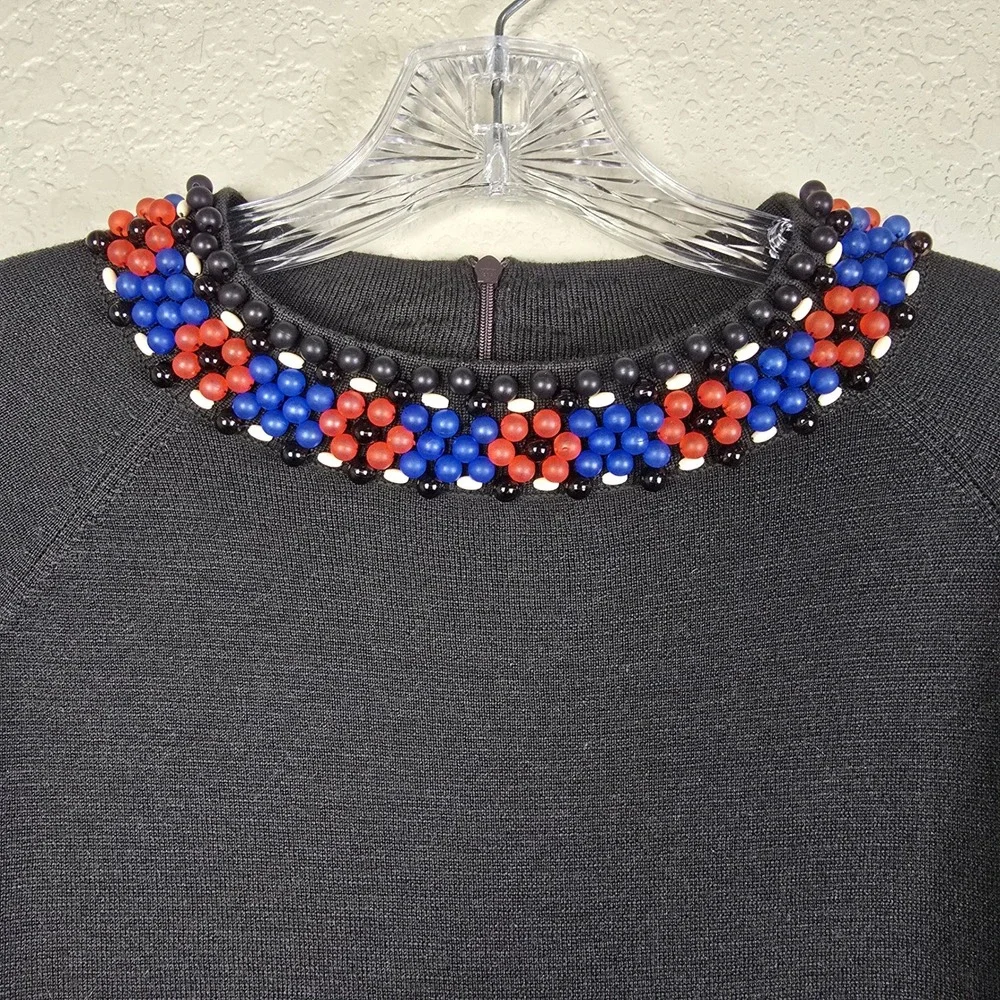 Worth New York 100% Wool Beaded Sweater Large Black Blue Red Floral Neck Cuff L - Picture 3 of 9